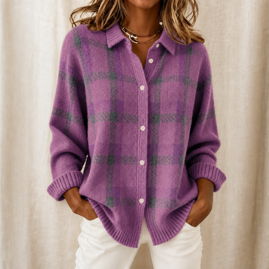 Damen Cardigan mit kariertem Design und Stehkragen - 8 - Annoboutique