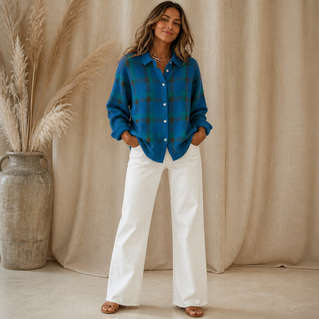 Damen Cardigan mit kariertem Design und Stehkragen - 9 - Annoboutique