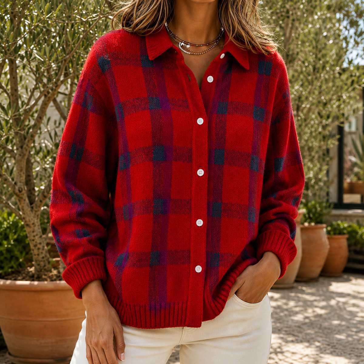 Karo Bluse Damen mit klassischem Kragen und bequemer Passform - 4 - Annoboutique