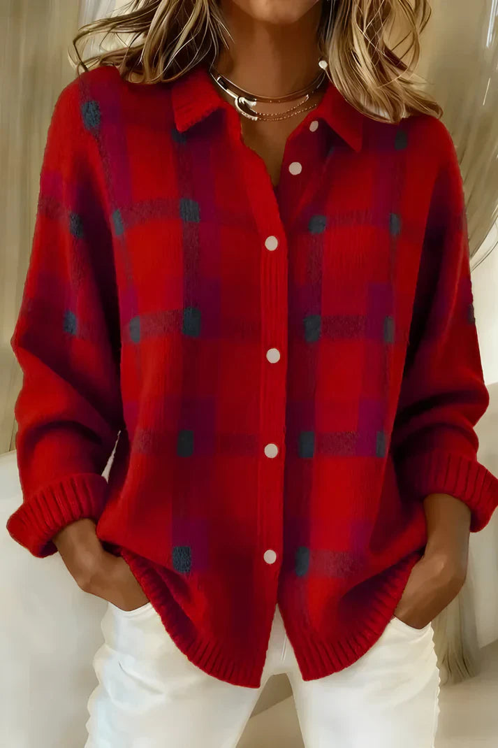 Damen Cardigan im Karodesign mit Knopfverschluss und klassischem Kragen - 2 - Annoboutique