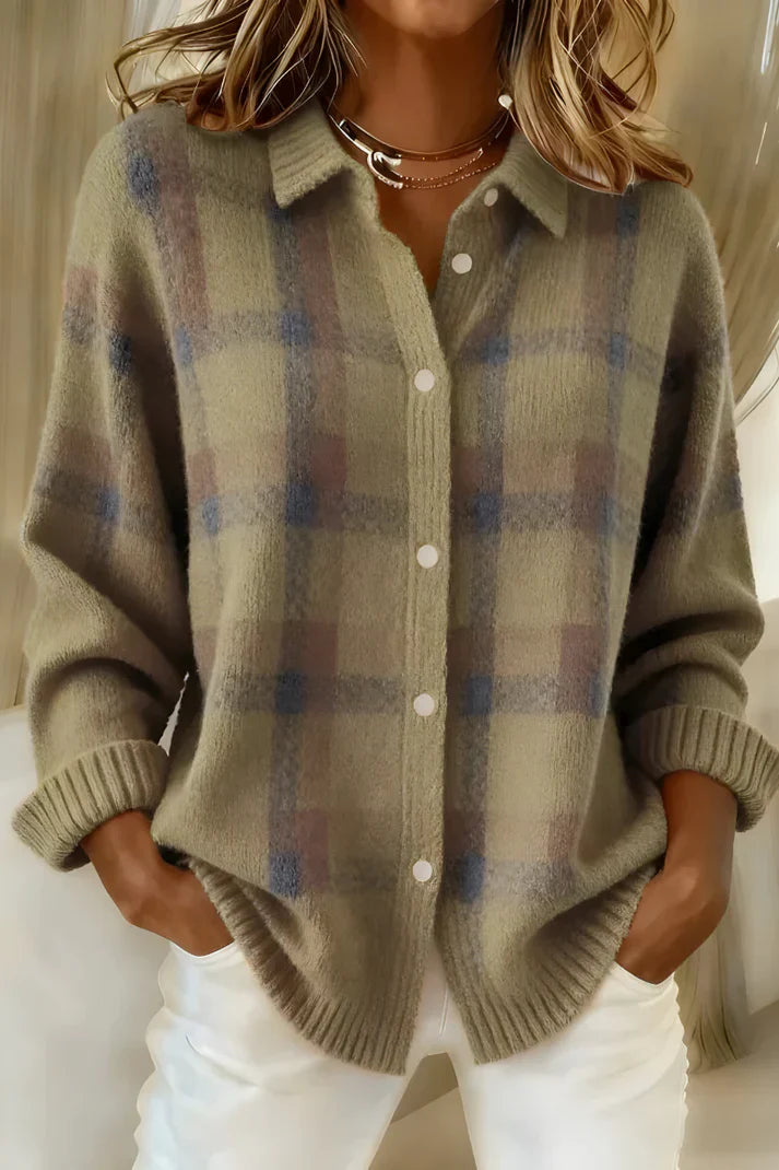 Damen Cardigan im Karodesign mit Knopfverschluss und klassischem Kragen - 4 - Annoboutique