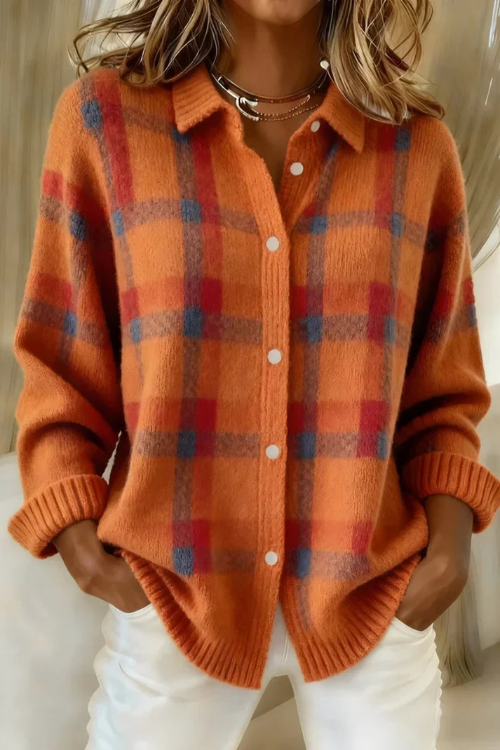 Damen Cardigan im Karodesign mit Knopfverschluss und klassischem Kragen - 6 - Annoboutique
