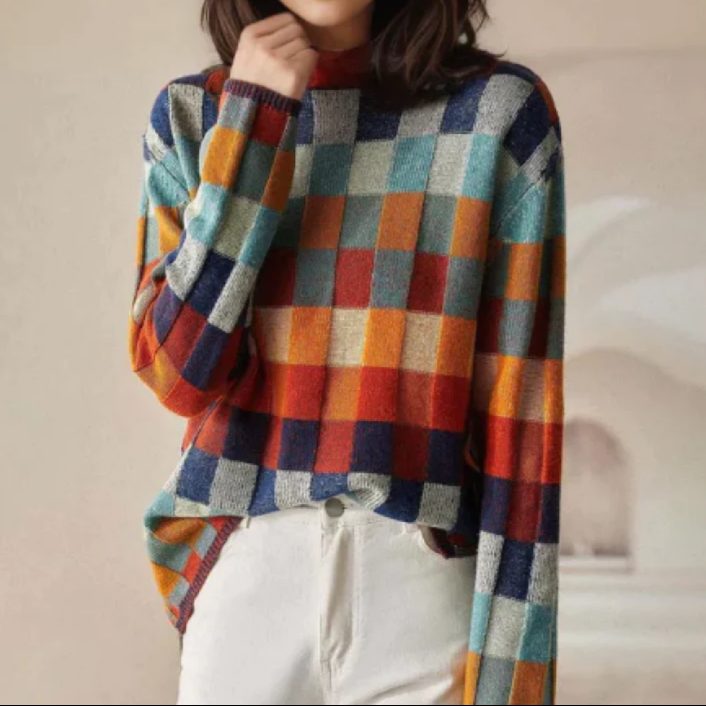 Pullover Damen mit Karomuster und Stehkragen für einen modernen Look - 1 - Annoboutique