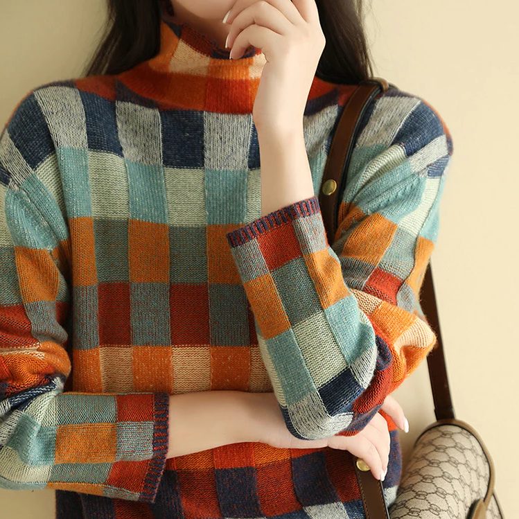 Pullover Damen mit Karomuster und Stehkragen für einen modernen Look - 2 - Annoboutique