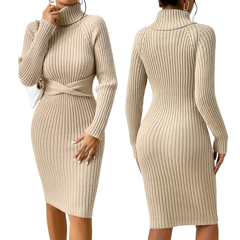 Midi Kleid Damen mit hohem Kragen, figurbetont und Wickel-Design - 2 - Annoboutique