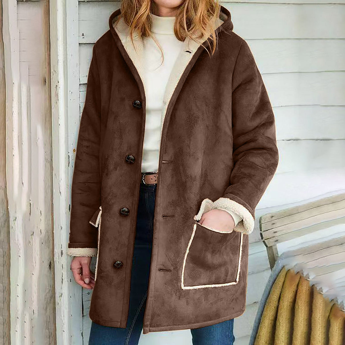 Damen Mantel mit Kapuze und praktischen Taschen - 2 - Annoboutique