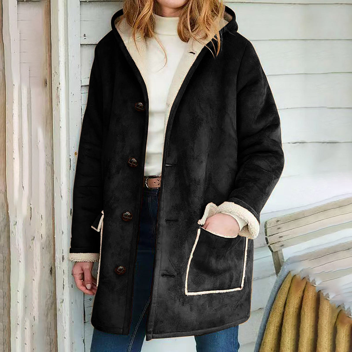 Damen Mantel mit Kapuze und praktischen Taschen - 4 - Annoboutique