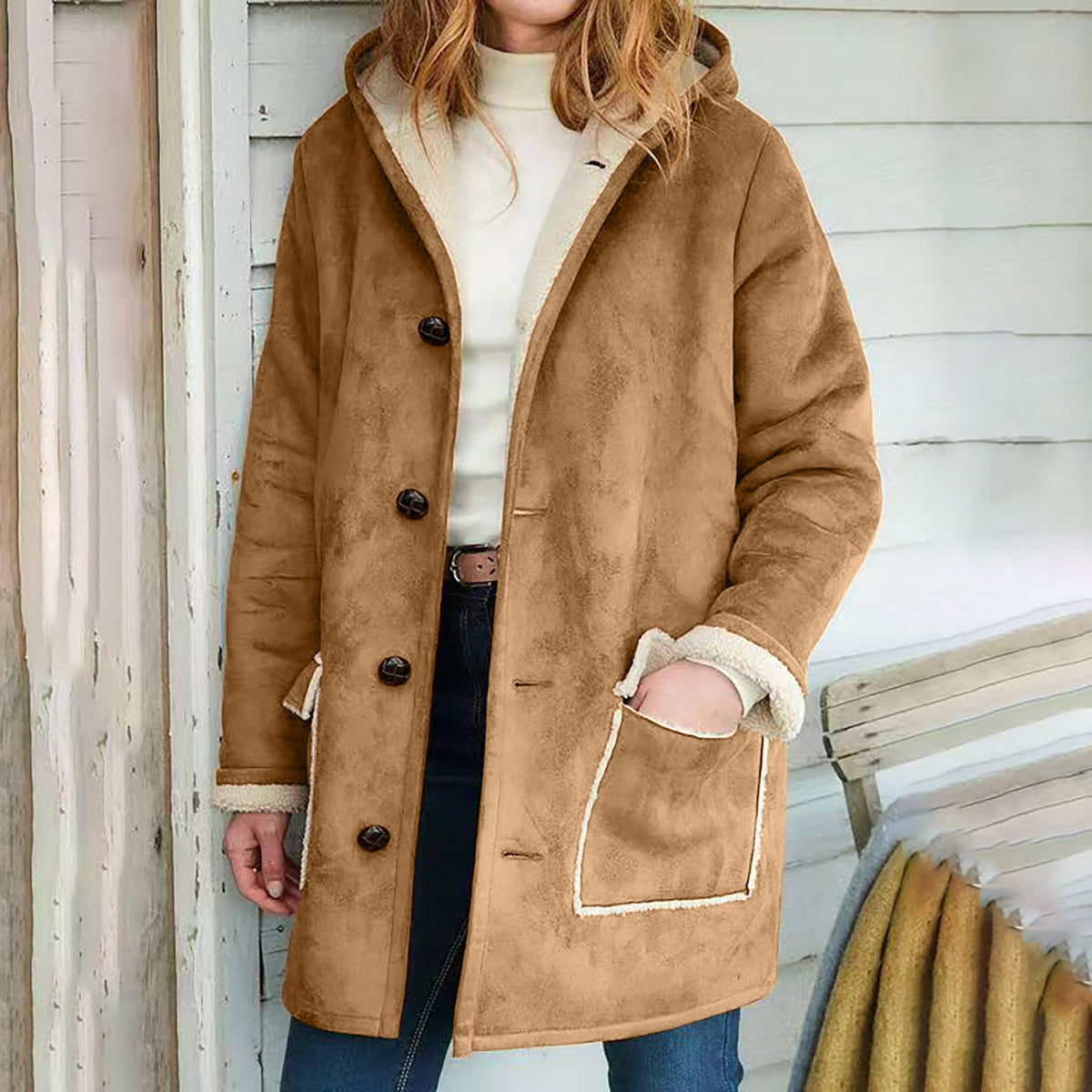 Damen Mantel mit Kapuze und praktischen Taschen - 5 - Annoboutique