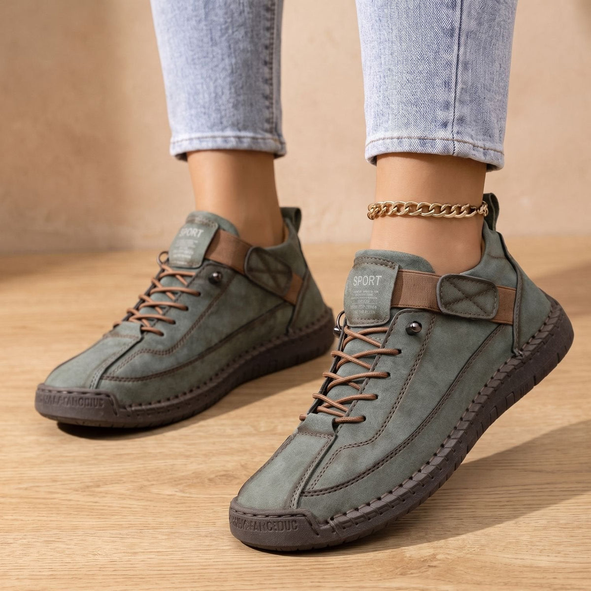 Damen Sneakers mit Schnürung und Klettverschluss in Braun - 3 - Annoboutique