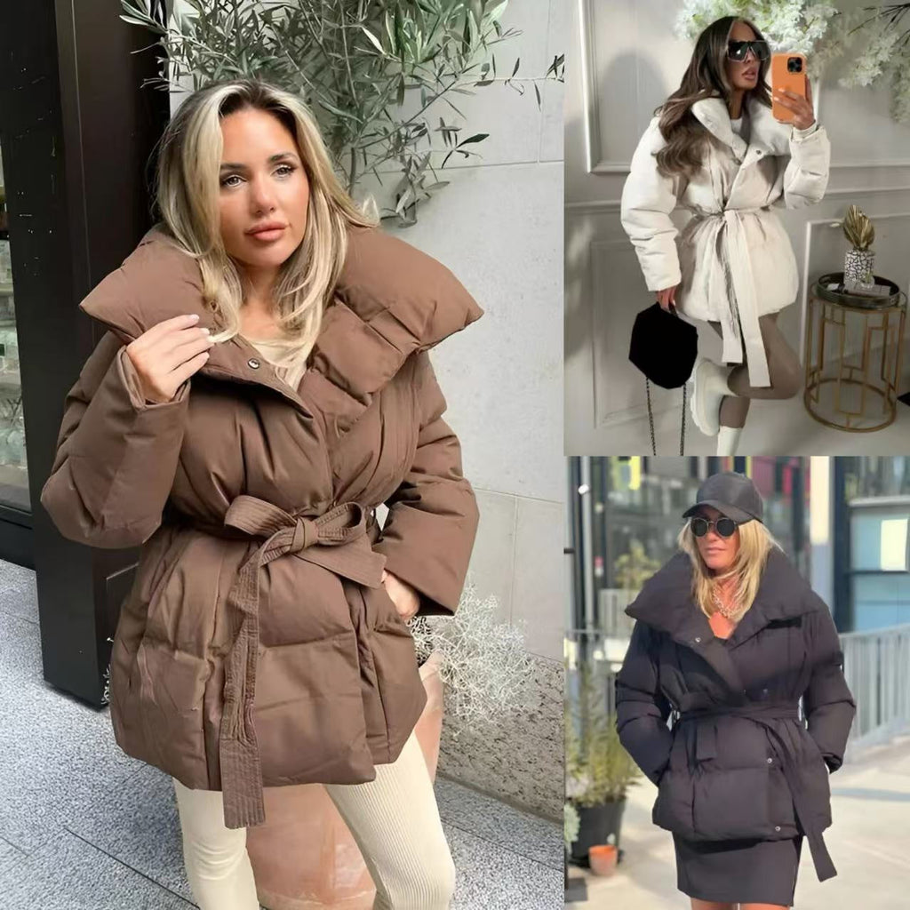 Damen Winterjacke mit Gürtel und Oversized-Schnitt in Schwarz und Weiß - 1 - Annoboutique