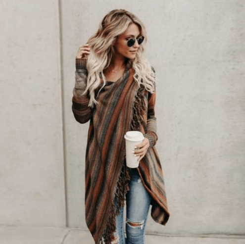 Cardigan Damen mit Streifen und Fransen – lässige Passform - 2 - Annoboutique