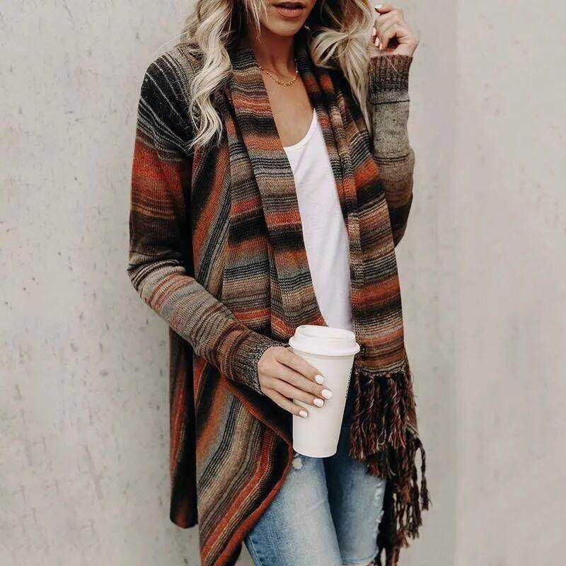 Cardigan Damen mit Streifen und Fransen – lässige Passform - 3 - Annoboutique