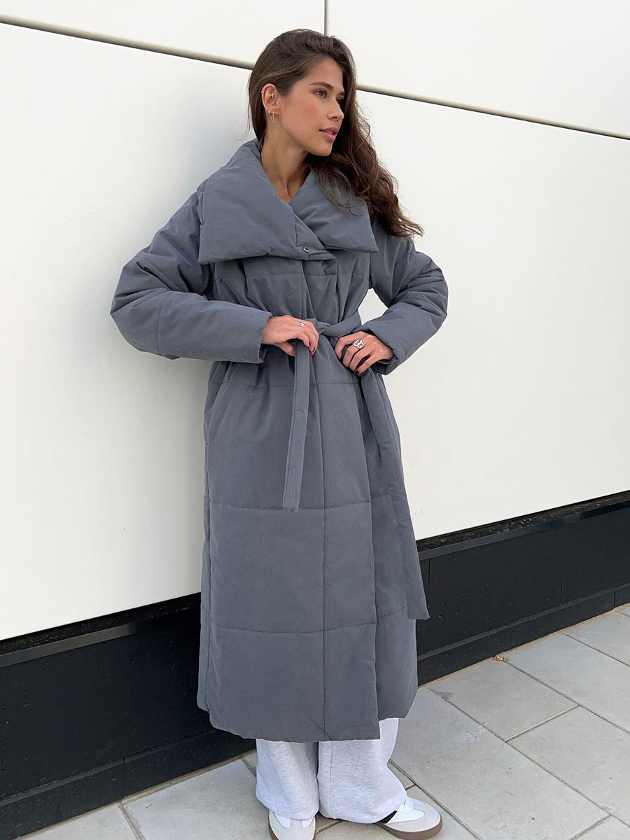 Wickelmantel Damen mit breitem Kragen und Taillengürtel, lang - 7 - Annoboutique