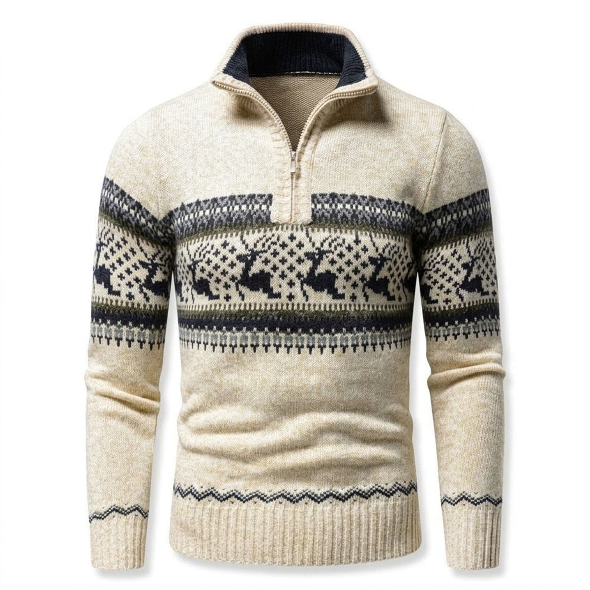 Pullover Damen mit halbem Reißverschluss und winterlichem Muster - 1 - Annoboutique