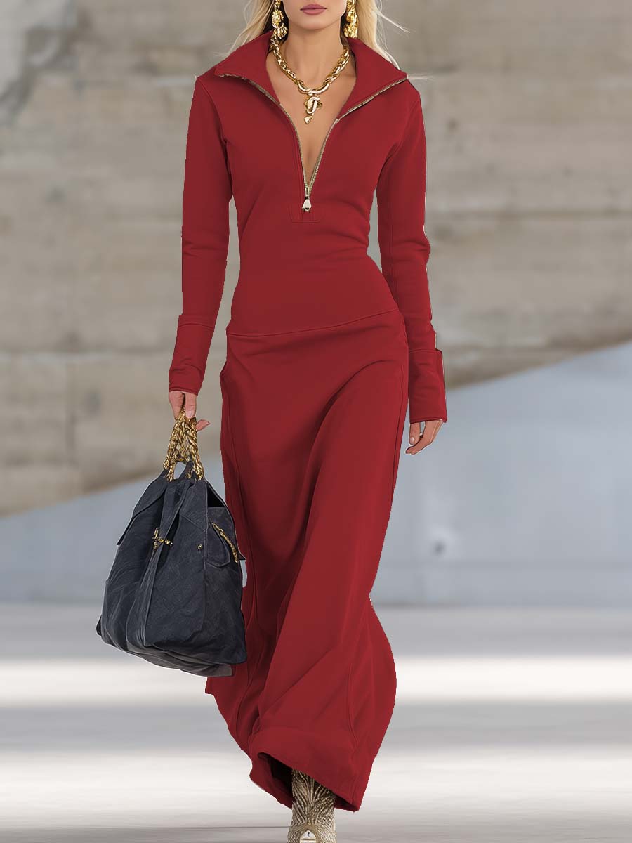 Maxikleid Damen mit Reißverschluss und langem Arm - 5 - Annoboutique