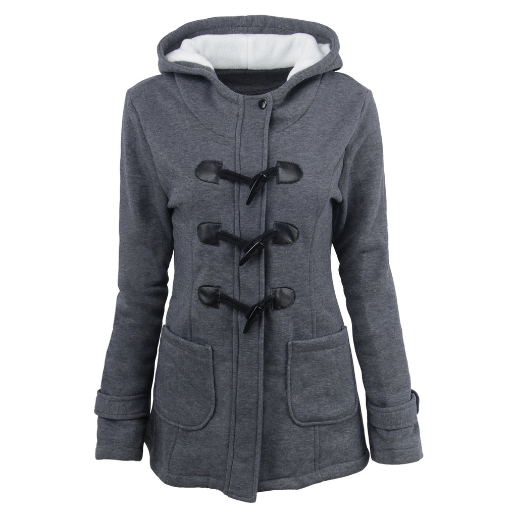 Damen Jacke mit Kapuze und Knopfverschluss, taillierter Schnitt und praktische Taschen - 1 - Annoboutique