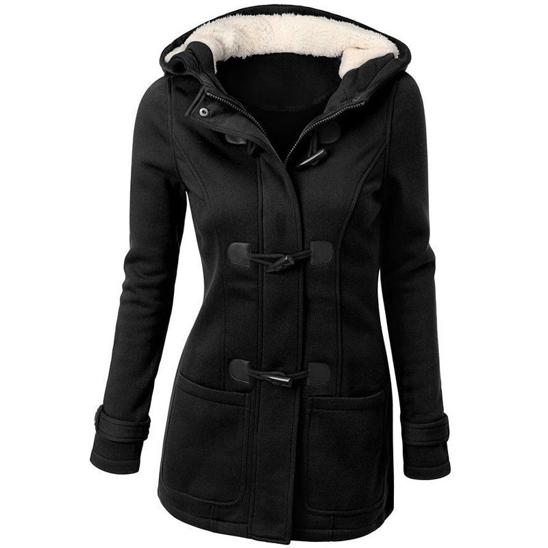 Damen Jacke mit Kapuze und Knopfverschluss, taillierter Schnitt und praktische Taschen - 6 - Annoboutique