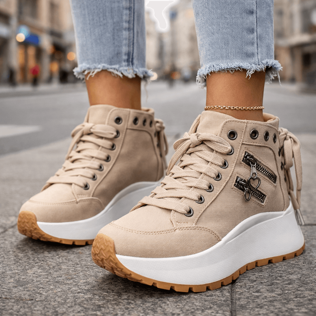 Damen Sneakers mit seitlichen Reißverschluss-Elementen und Plateau-Sohle - 2 - Annoboutique