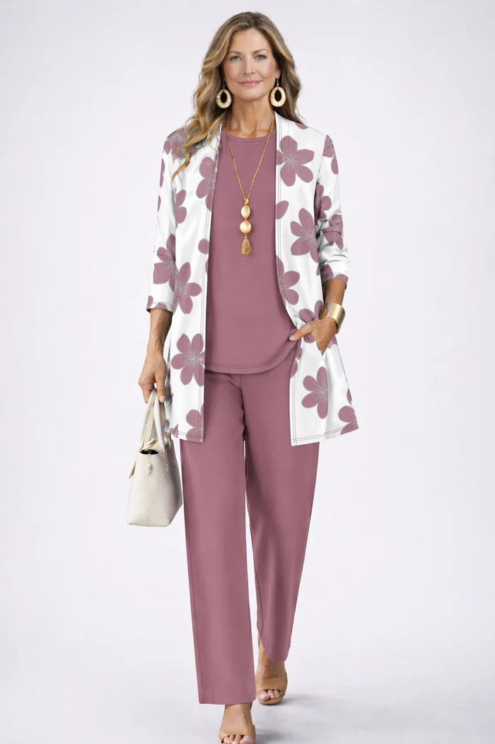 Damen Outfit mit langer Jacke und weiter Hose mit Blumenmuster - 2 - Annoboutique
