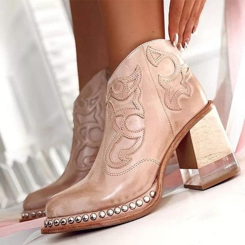 Damen Stiefeletten im Western-Stil mit Blockabsatz und einzigartiger Verzierung - 1 - Annoboutique