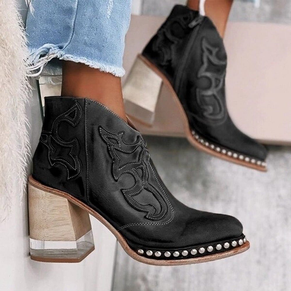 Damen Stiefeletten im Western-Stil mit Blockabsatz und einzigartiger Verzierung - 2 - Annoboutique