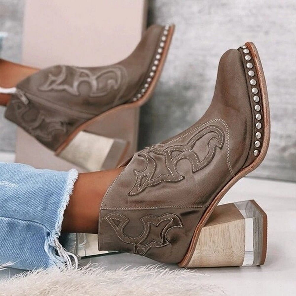 Damen Stiefeletten im Western-Stil mit Blockabsatz und einzigartiger Verzierung - 3 - Annoboutique