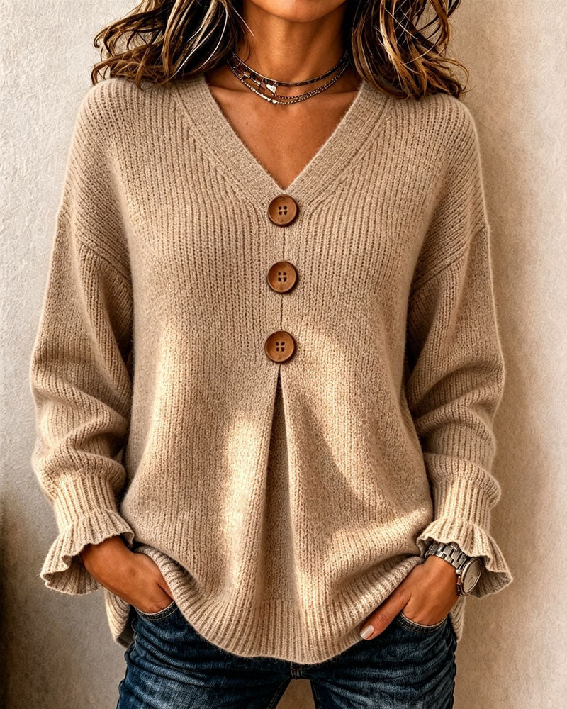 Pullover Damen V-Ausschnitt mit Knopfdetails und lässigem Schnitt - 1 - Annoboutique