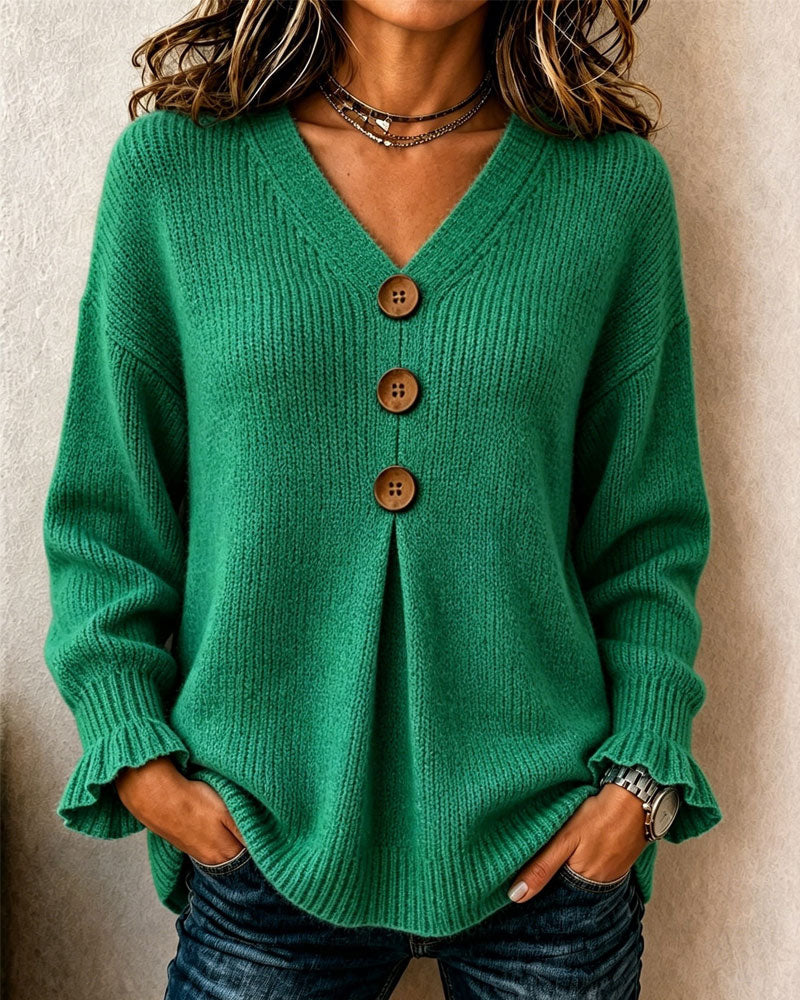 Pullover Damen V-Ausschnitt mit Knopfdetails und lässigem Schnitt - 2 - Annoboutique