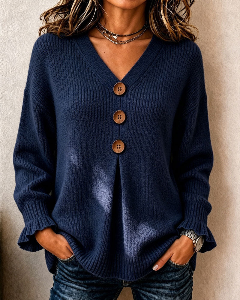 Pullover Damen V-Ausschnitt mit Knopfdetails und lässigem Schnitt - 3 - Annoboutique