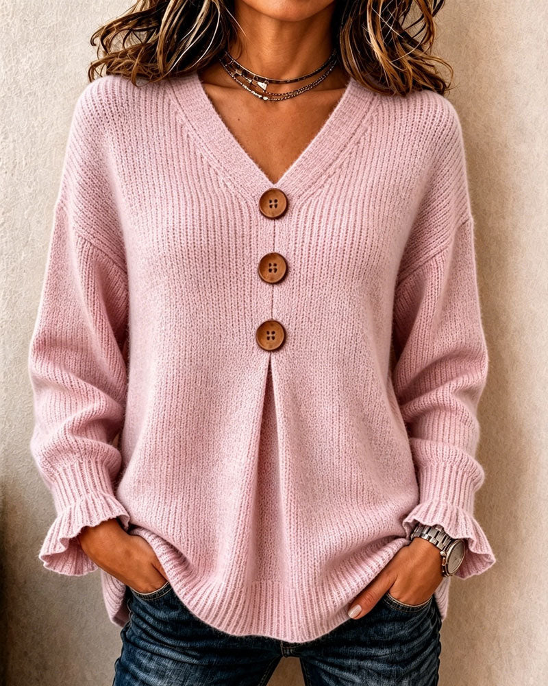 Pullover Damen V-Ausschnitt mit Knopfdetails und lässigem Schnitt - 4 - Annoboutique