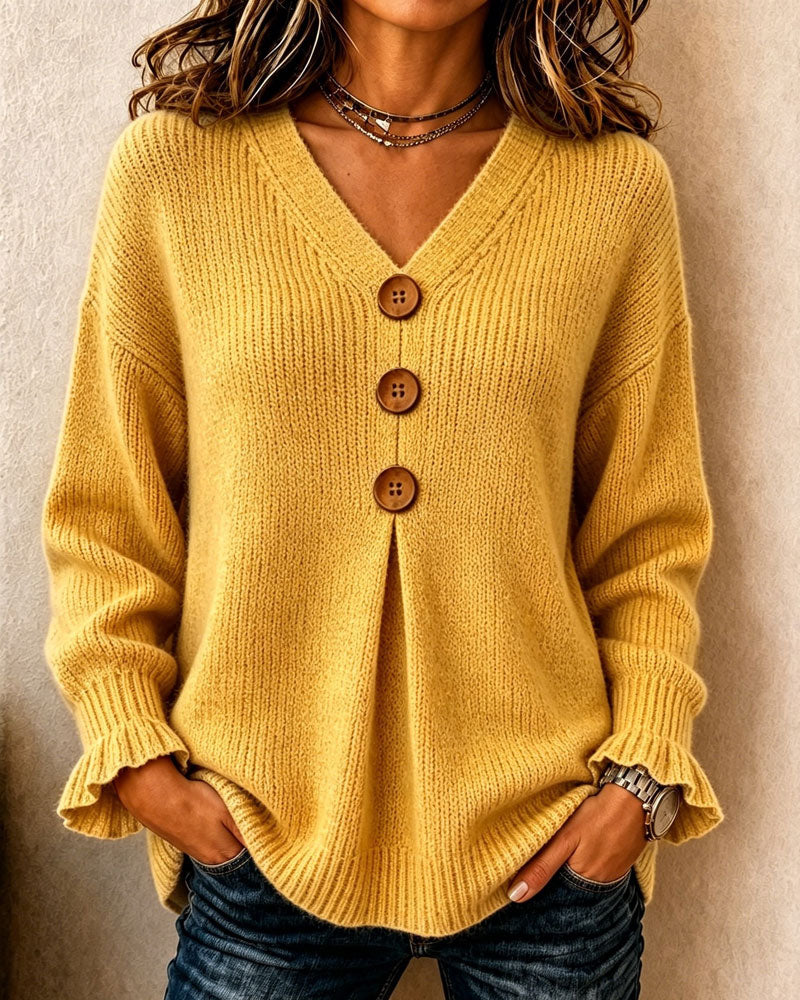 Pullover Damen V-Ausschnitt mit Knopfdetails und lässigem Schnitt - 6 - Annoboutique