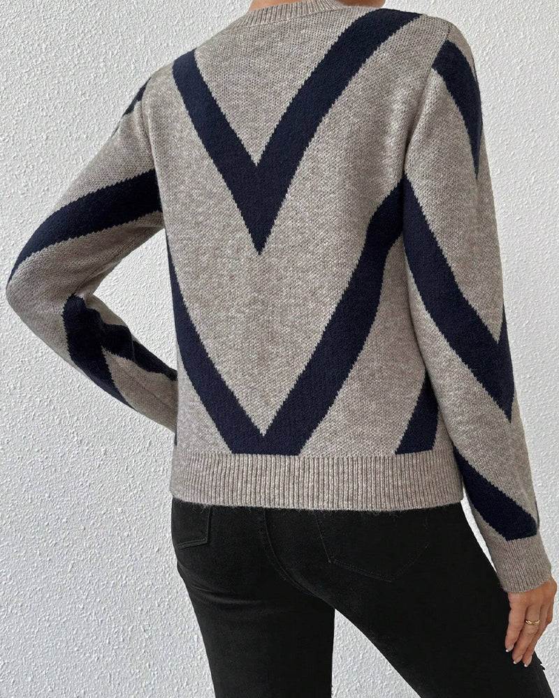 Pullover Damen mit modernem V-Muster und Rundhalsausschnitt - 3 - Annoboutique