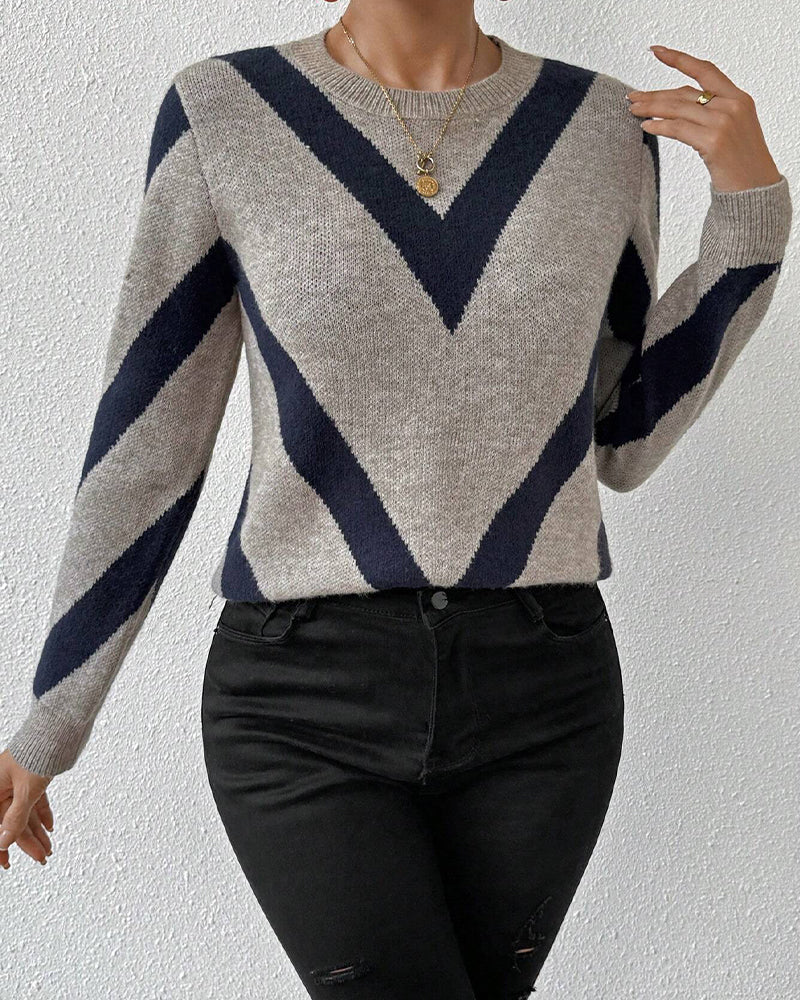 Pullover Damen mit modernem V-Muster und Rundhalsausschnitt - 8 - Annoboutique