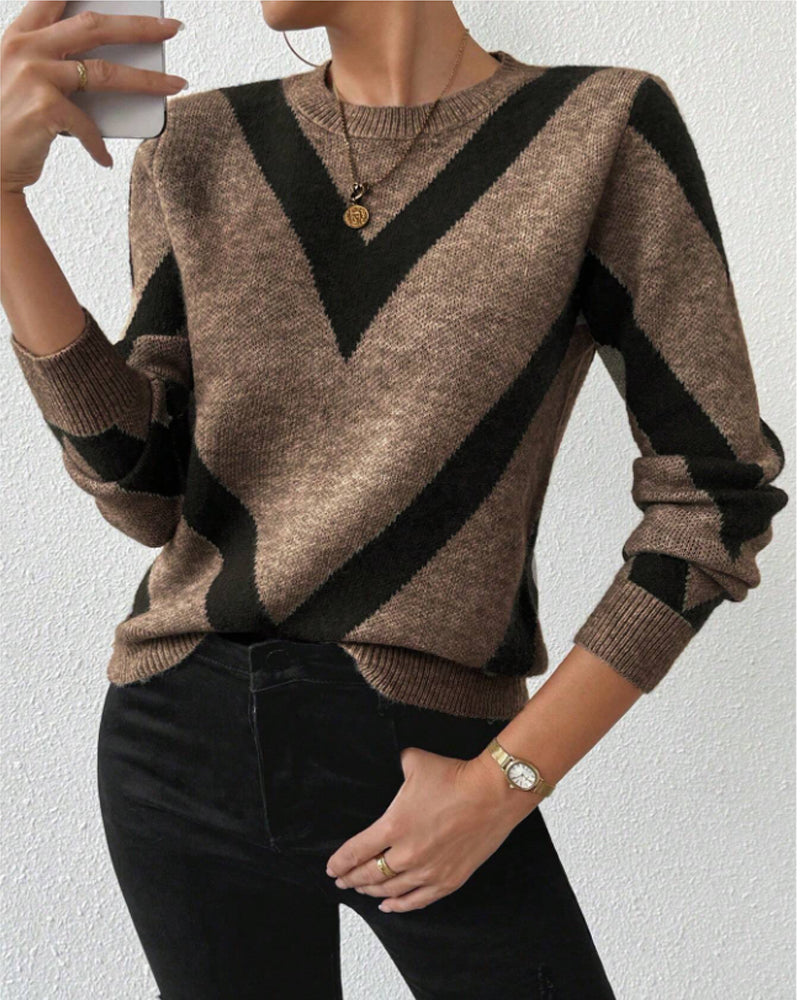 Pullover Damen mit modernem V-Muster und Rundhalsausschnitt - 9 - Annoboutique