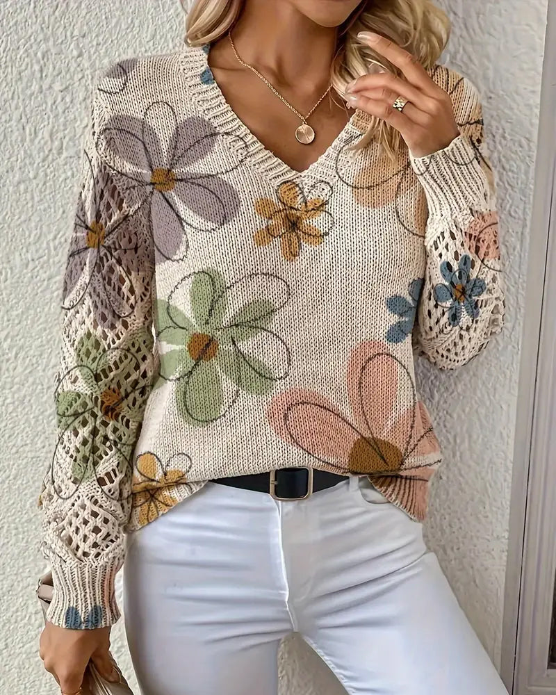 Pullover Damen V-Ausschnitt mit floralem Design und langen Ärmeln - 2 - Annoboutique