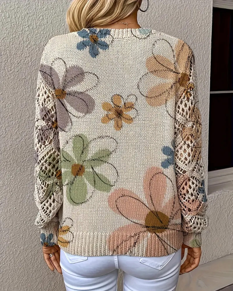 Pullover Damen V-Ausschnitt mit floralem Design und langen Ärmeln - 4 - Annoboutique