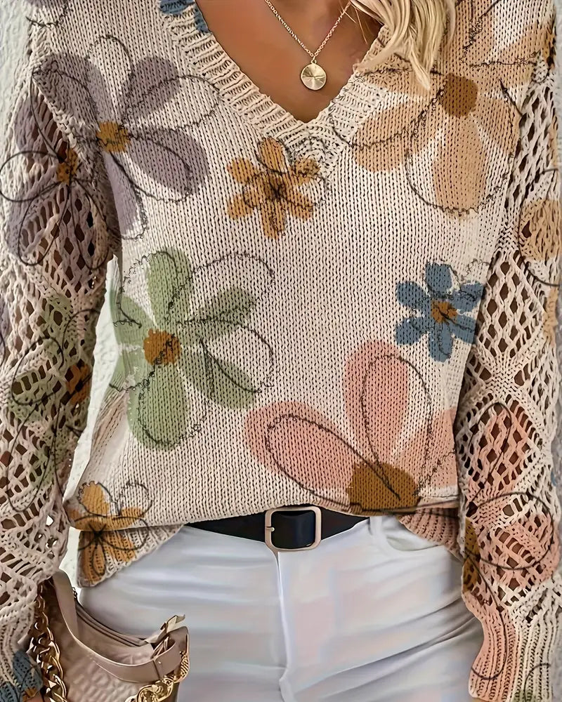 Pullover Damen V-Ausschnitt mit floralem Design und langen Ärmeln - 5 - Annoboutique