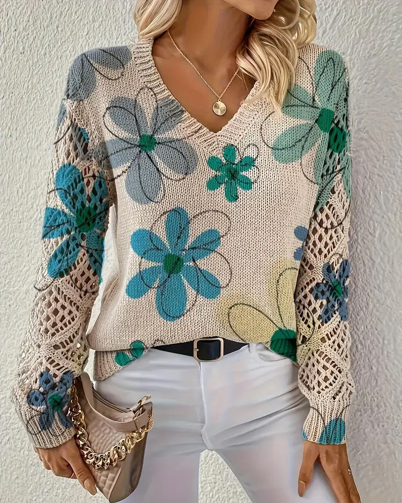 Pullover Damen V-Ausschnitt mit floralem Design und langen Ärmeln - 6 - Annoboutique