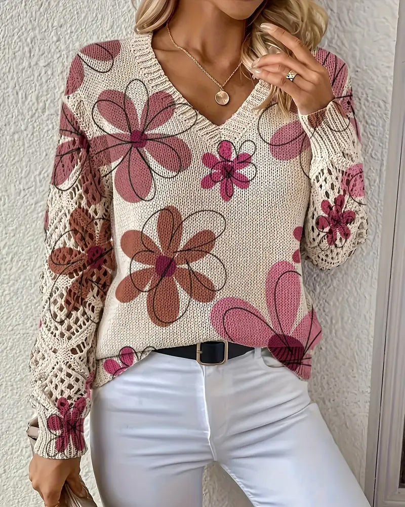Pullover Damen V-Ausschnitt mit floralem Design und langen Ärmeln - 7 - Annoboutique