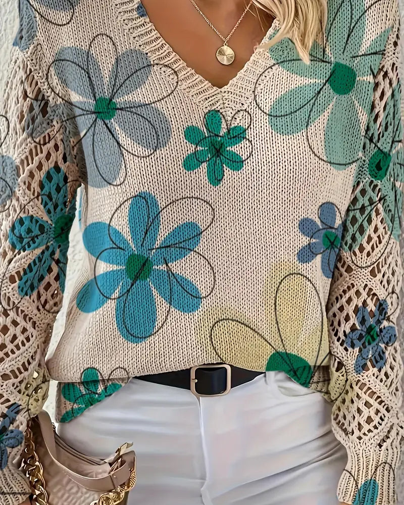 Pullover Damen V-Ausschnitt mit floralem Design und langen Ärmeln - 9 - Annoboutique