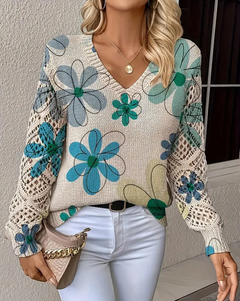 Pullover Damen V-Ausschnitt mit floralem Design und langen Ärmeln - 10 - Annoboutique