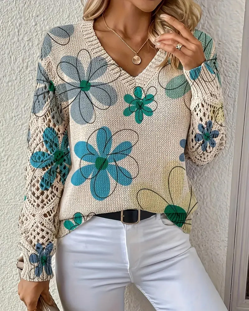 Pullover Damen V-Ausschnitt mit floralem Design und langen Ärmeln - 11 - Annoboutique