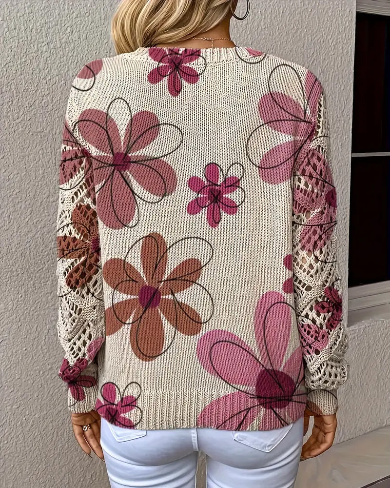 Pullover Damen V-Ausschnitt mit floralem Design und langen Ärmeln - 13 - Annoboutique