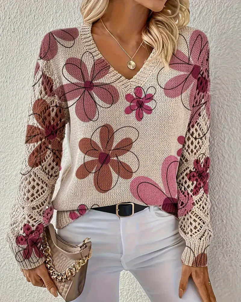 Pullover Damen V-Ausschnitt mit floralem Design und langen Ärmeln - 14 - Annoboutique