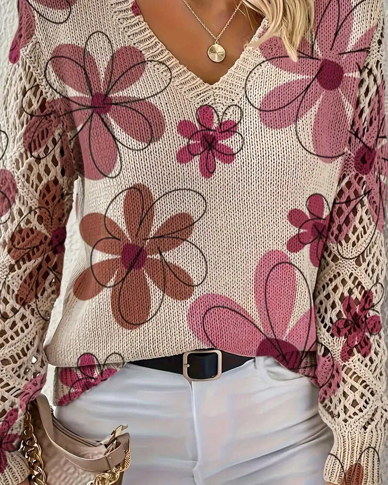 Pullover Damen V-Ausschnitt mit floralem Design und langen Ärmeln - 15 - Annoboutique