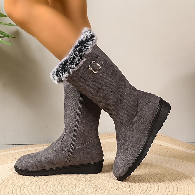 Schwarze Damenstiefel mit Kunstfellkragen und praktischem Reißverschluss - 3 - Annoboutique