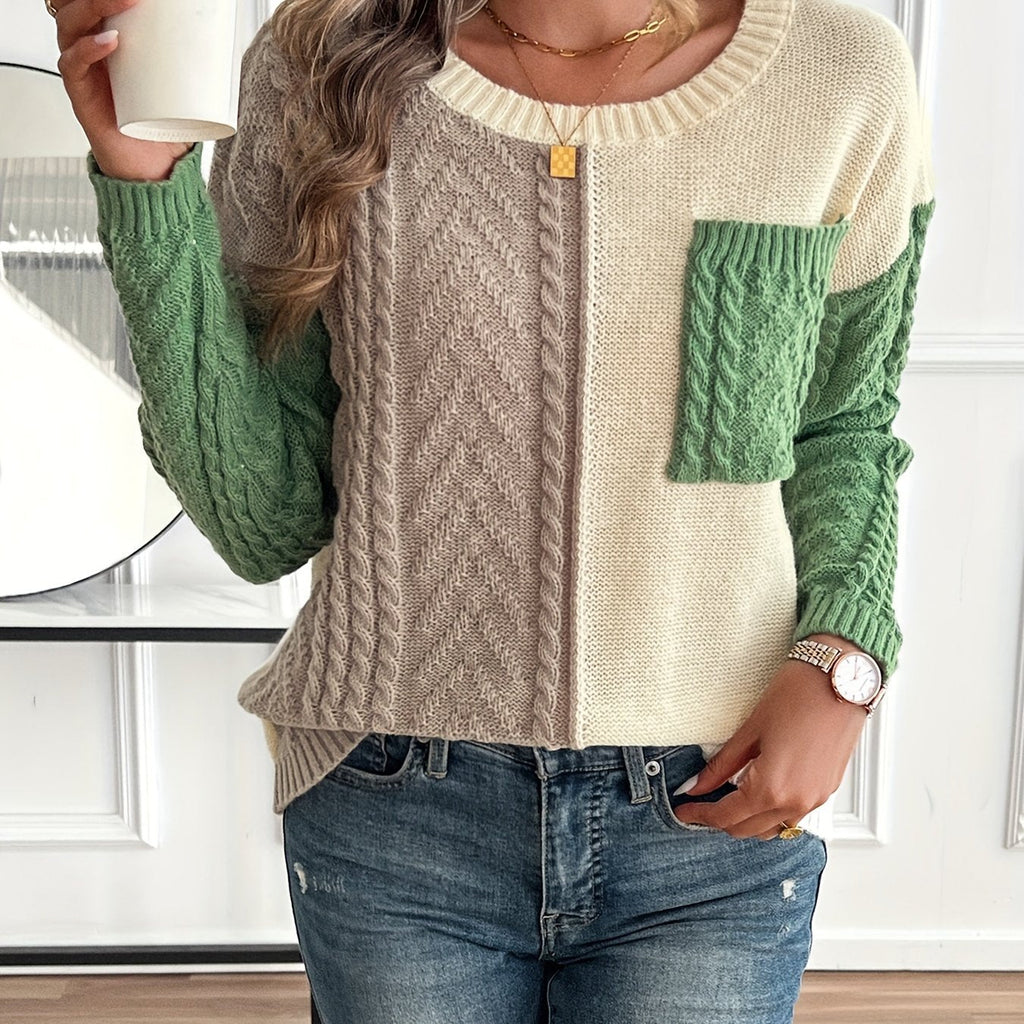 Zweifarbiger Pullover Damen mit Zopfstruktur und Rundhalsausschnitt - 1 - Annoboutique