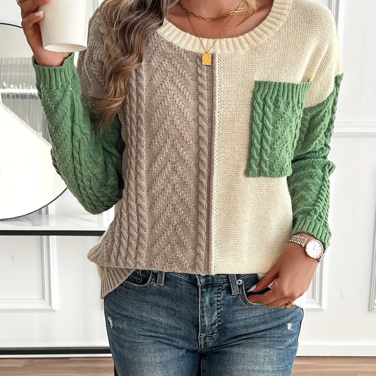 Zweifarbiger Pullover Damen mit Zopfstruktur und Rundhalsausschnitt - 1 - Annoboutique