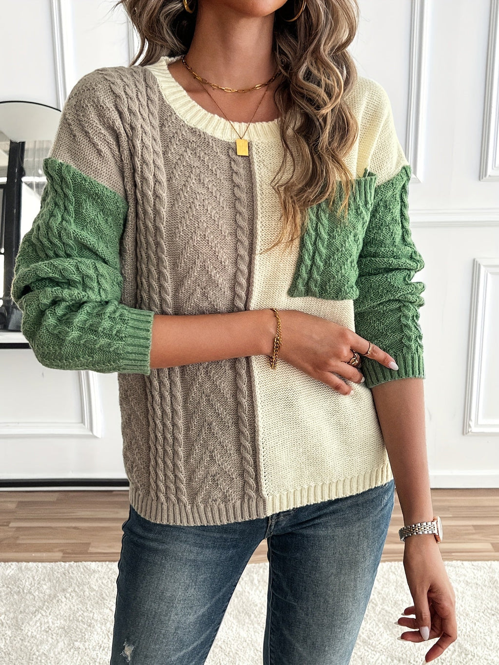 Zweifarbiger Pullover Damen mit Zopfstruktur und Rundhalsausschnitt - 4 - Annoboutique