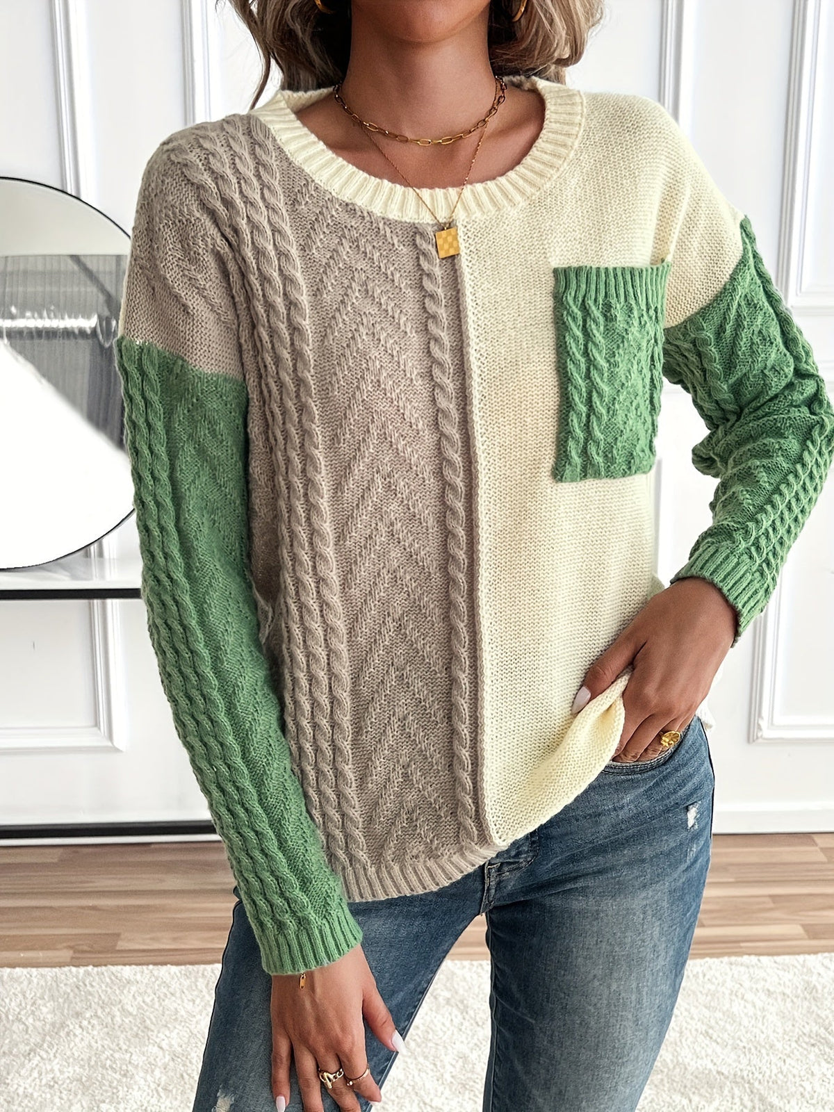 Zweifarbiger Pullover Damen mit Zopfstruktur und Rundhalsausschnitt - 5 - Annoboutique